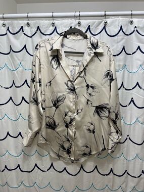 Floral Satin Button-Up Blouse in Cream and Black